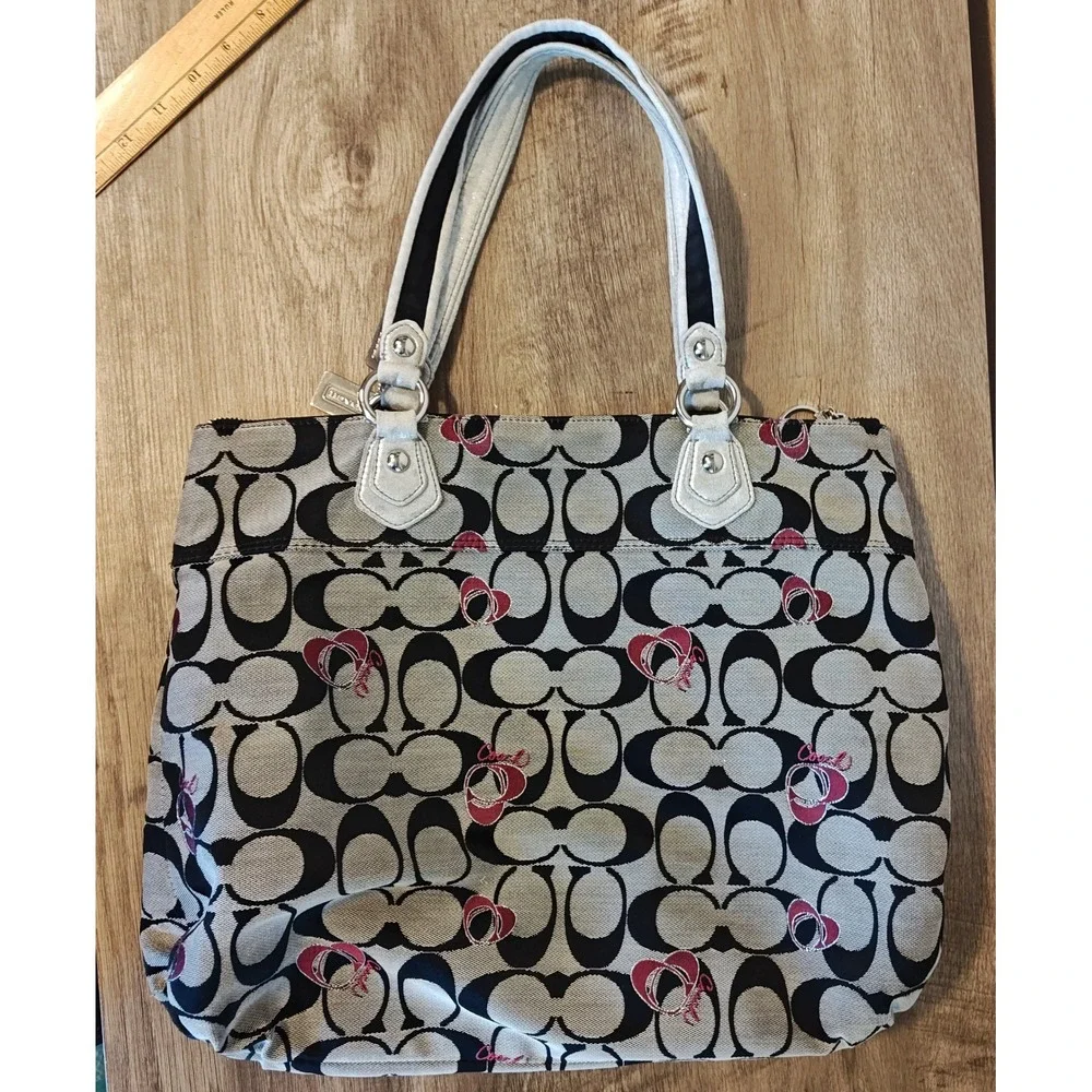 Coach Poppy Signature Heart Tote Women Large Black Grey Pink 18711 Canvas Bag